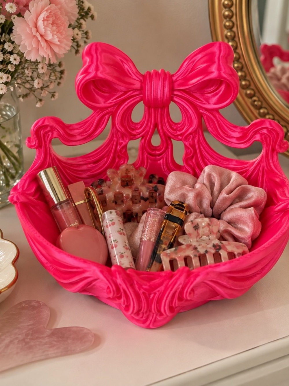 Hot Pink Ornate Bow Trinket Basket | 3D Printed Artist Made Vanity Decor